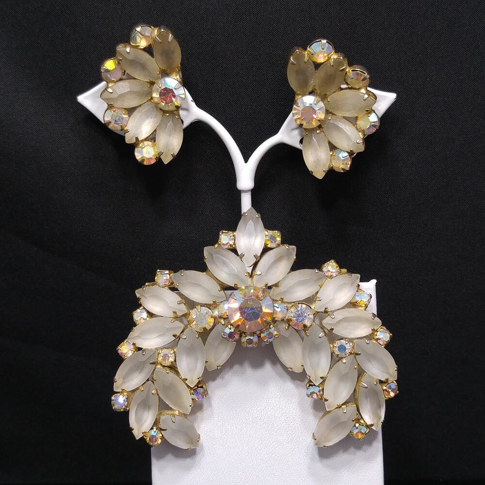 Frosty Rhinestone Brooch & Clip Earrings, Aurora Borealis, Gold Plated, 1960s